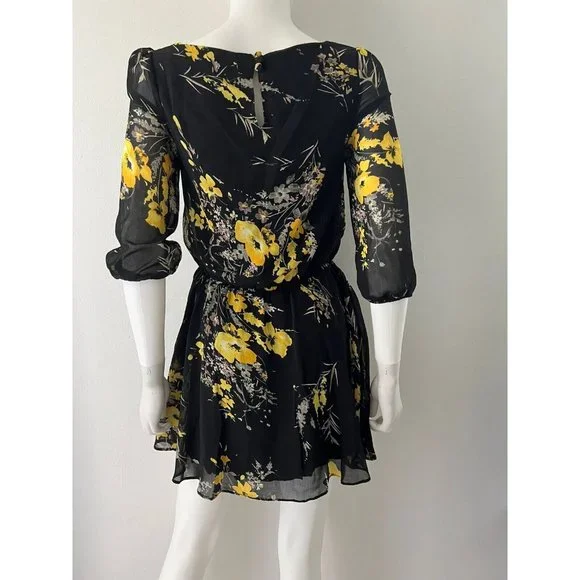 Womens Lucca Couture Black Yellow Flower Sz S Boho Chic 3/4 Sleeve Flowy Dress S - Picture 3 of 6